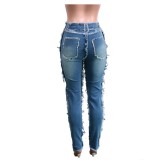 Blue High Waist Plush Fitted Jeans