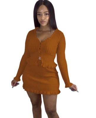 Autumn Solid Plain Knitted 2pc Mini Skirt Set