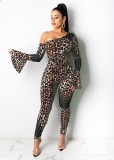 Party Slash Shoulder Leopard Bodycon Jumpsuit with Wide Cuffs