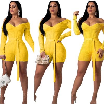 Autumn Knitted Long Sleeve V-Neck Rompers with Belt