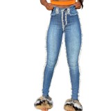 Blue High Waist Plush Fitted Jeans