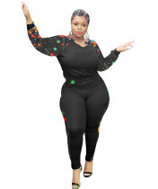 Plus Size Autumn Print Bodycon Shirt and Pants Set