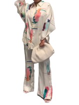 Autumn Print White 2pc Matching Loose Shirt and Pants Set