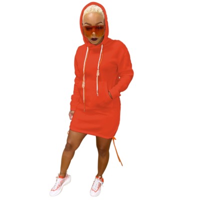 Solid Color Long Sleeve Pocketed Hoodie Dress