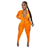 Autumn Print Long Sleeve Zipper Bodycon Jumpsuit