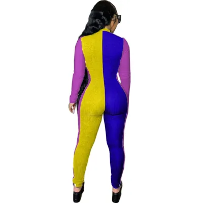 Autumn Contrast Long Sleeve Zipper Bodycon Jumpsuit
