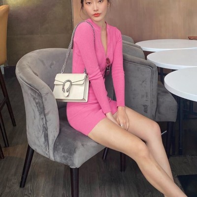 Autumn Knitted Sexy Zipper Mini Dress with Full Sleeves