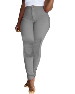 Solid Plain Striped High Waist Fitted Trousers