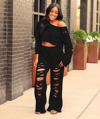 Street Style 2pc Ripped Crop Top and Pants Set
