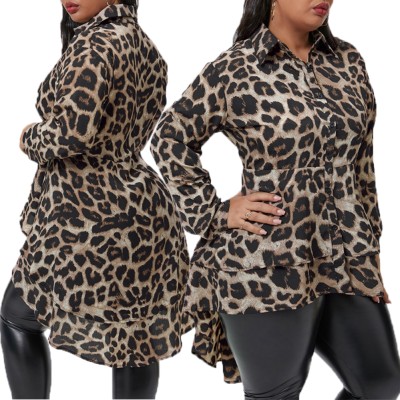 Plus Size Long Sleeve High Low Leopard Shirt
