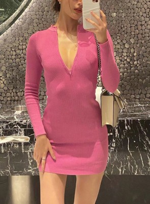 Autumn Knitted Sexy Zipper Mini Dress with Full Sleeves