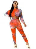 Tie Dye Long Sleeve Hoody Crop Top and Pants Set