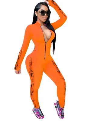 Autumn Print Long Sleeve Zipper Bodycon Jumpsuit
