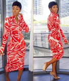 Print African Long Sleeve Zipper Midi Dress
