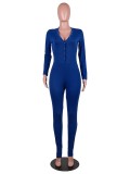 Autumn Solid Color Button Up Long Sleeve Fitted Jumpsuit
