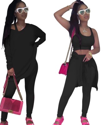 Solid Color 3pc Matching Bra + Pants + Shirts Set