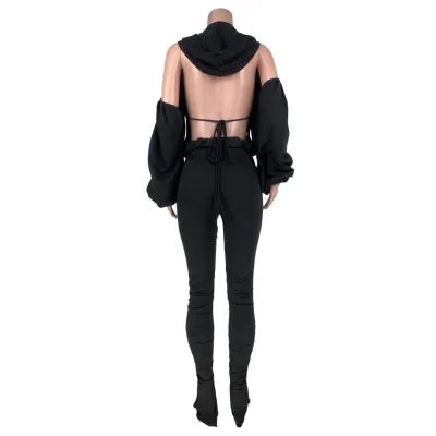 Solid Color 2pc Matching Hoody and Stacked Pants Set