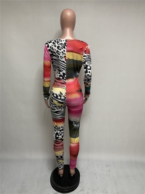 Sexy Tie Dye Leopard V-Neck Bodycon Jumpsuit