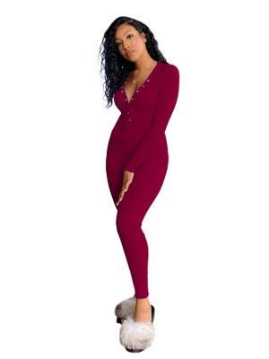 Autumn Solid Color Button Up Long Sleeve Fitted Jumpsuit
