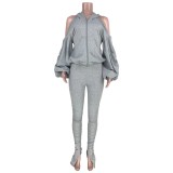 Solid Color 2pc Matching Hoody and Stacked Pants Set