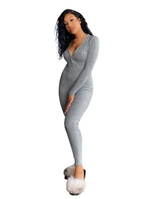 Autumn Solid Color Button Up Long Sleeve Fitted Jumpsuit