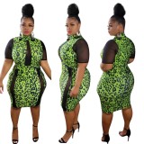 Plus Size Short Sleeve Leopard Green Bodycon Dress