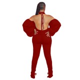 Solid Color Scoop Neck Ruched Jumpsuit wit Puff Sleeves