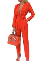 Solid Color Deep-V Long Sleeve Occassional Jumpsuit with Belt