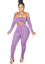 Solid Color 2pc Sexy Strapless Crop Top and Stacked Pants Set