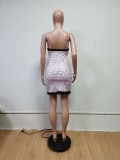 Sexy Print Strap Bodycon Club Dress with Lace Trims