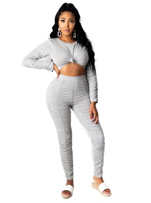 Autumn 2pc Matching Ruched Crop Top and Pants Set