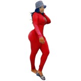 Sports Solid Plain Long Sleeve Zip Up Bodycon Jumpsuit