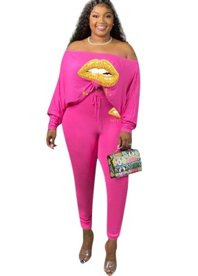 Plus Size Lips Off Shoulder Loose Shirt and Tight Pants Set