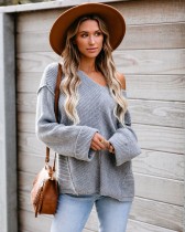 Western V-Neck Loose Long Sweater with Bat Sleeves