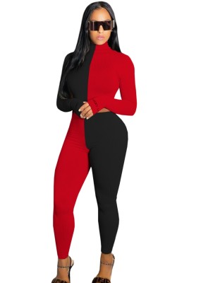 Autumn 2pc Matching Contrast Fitted Crop Top and High Waist Pants Set