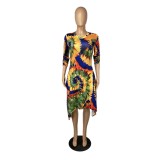 Autumn Tie Dye African Irregular Pocket Shirt Dress