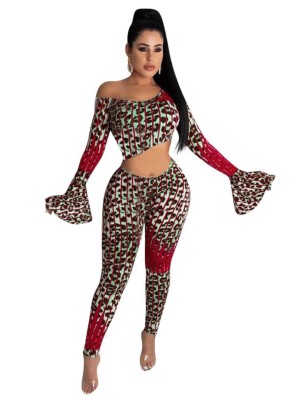 Sexy Two Piece Leopard Print Party Crop Top and Pants Set