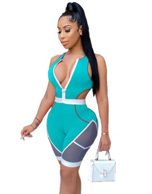 Sports Contrast Sleeveless Zipper Bodycon Rompers