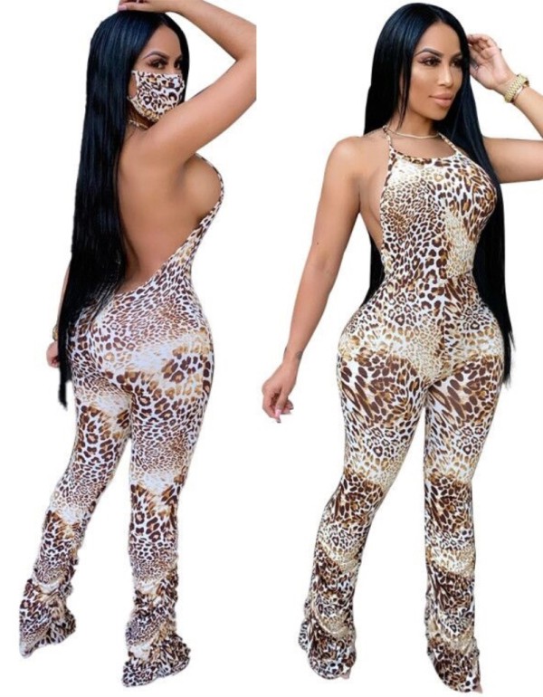 Party Sexy Backless Halter Jumpsuit with Matching Face Cover