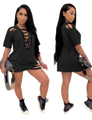 Black Lace Up Short Sleeve Ripped Shirt Dress