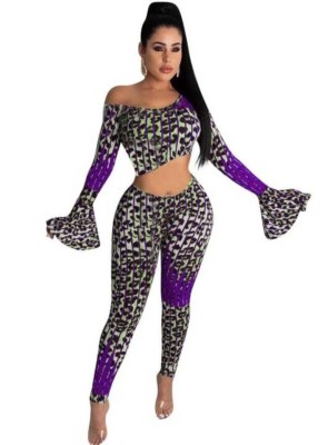 Sexy Two Piece Leopard Print Party Crop Top and Pants Set