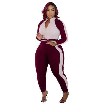 Two-Piece Matching Contrast Ziper Top and Pants Set