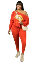 Plus Size Lips Off Shoulder Loose Shirt and Tight Pants Set