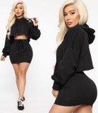 Autumn Solid Color Hoodie Crop Top and Mini Skirt Set