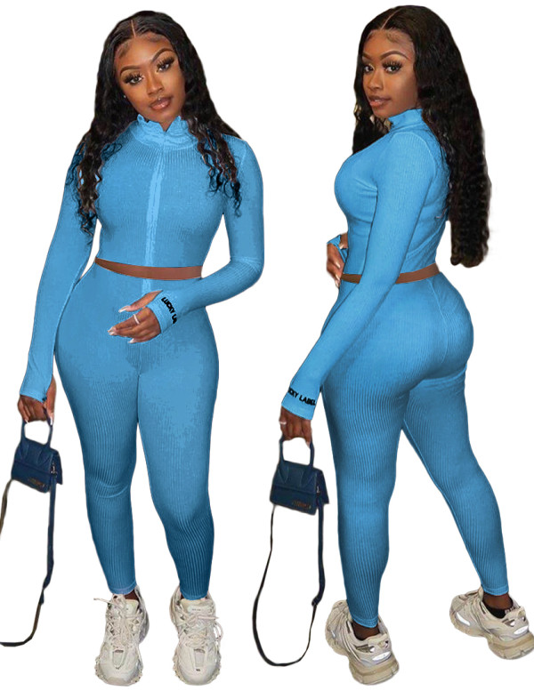 Solid Color Two Piece Knitted Crop Top and Pants Set