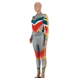 Autumn Colorful Stripes Zipper Tracksuit