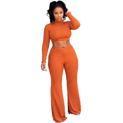 Solid Color Two Piece Knitted Crop Top and Pants Set