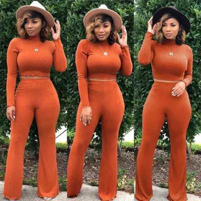 Solid Color Two Piece Knitted Crop Top and Pants Set