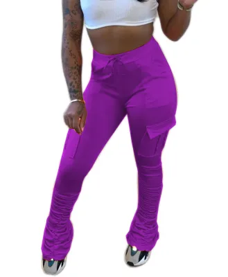Solid Plain High Waist Pockets Stacked Pants