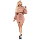 Autumn Solid Color Hoodie Crop Top and Mini Skirt Set